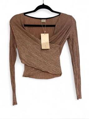 Zara Bronze Ribbed Wrap-Front Long Sleeve Top